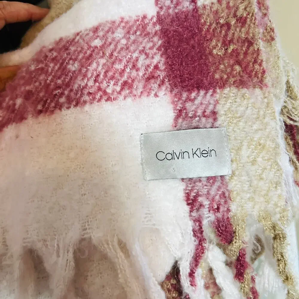 Calvin Klein Blanket Scarf Pink Cream Plaid Fringe Cabincore Cozy Gorpcore